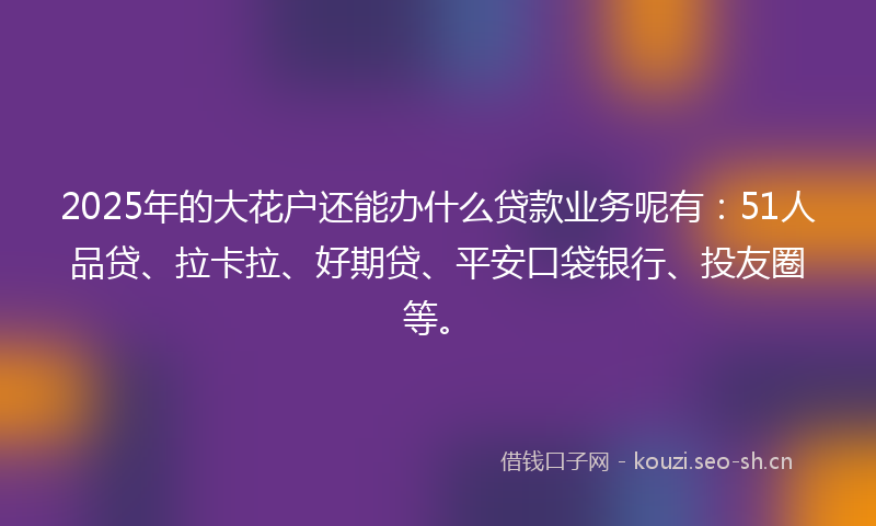 2025年的大花户还能办什么贷款业务呢有：51人品贷、拉卡拉、好期贷、平安口袋银行、投友圈等。