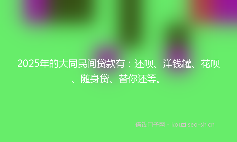 2025年的大同民间贷款有：还呗、洋钱罐、花呗、随身贷、替你还等。
