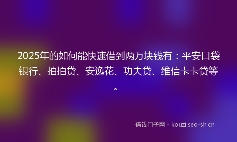 2025年的如何能快速借到两万块钱有：平安口袋银行、拍拍贷、安逸花、功夫贷、维信卡卡贷等。