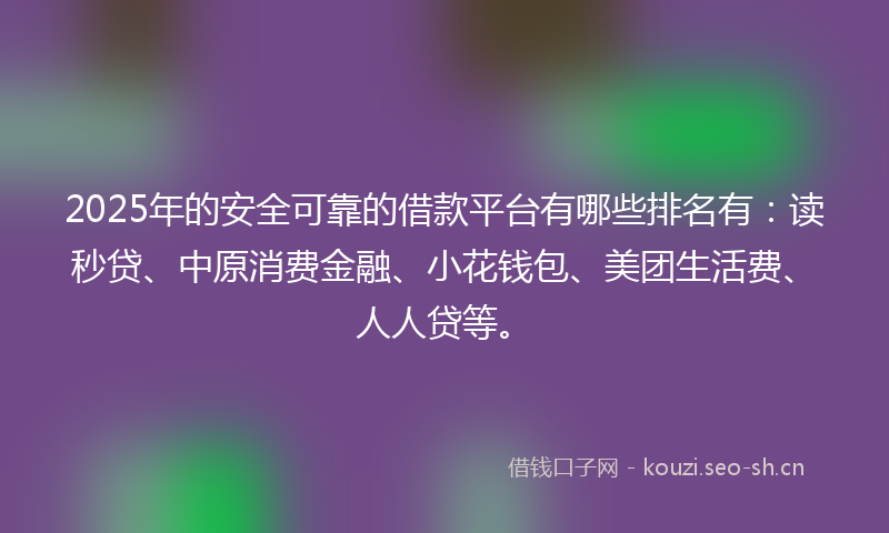 2025年的安全可靠的借款平台有哪些排名有：读秒贷、中原消费金融、小花钱包、美团生活费、人人贷等。