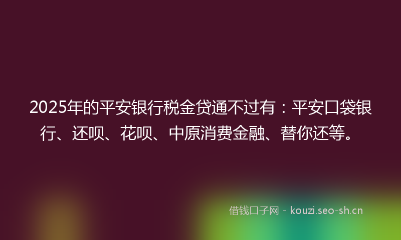 2025年的平安银行税金贷通不过有：平安口袋银行、还呗、花呗、中原消费金融、替你还等。