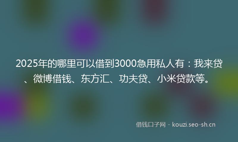2025年的哪里可以借到3000急用私人有：我来贷、微博借钱、东方汇、功夫贷、小米贷款等。