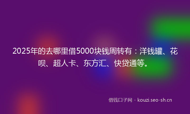2025年的去哪里借5000块钱周转有：洋钱罐、花呗、超人卡、东方汇、快贷通等。