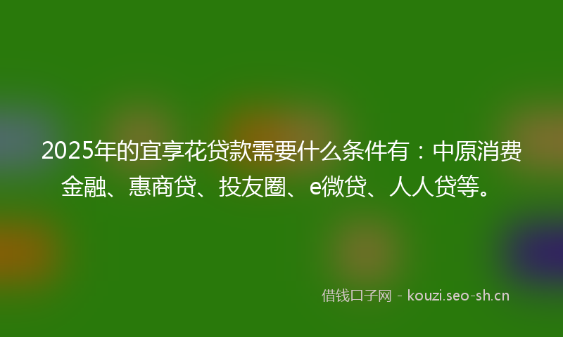 2025年的宜享花贷款需要什么条件有：中原消费金融、惠商贷、投友圈、e微贷、人人贷等。