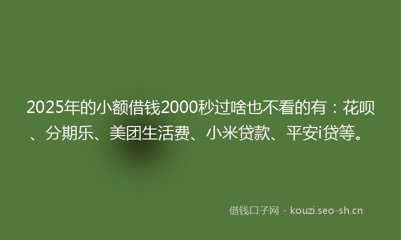 2025年的小额借钱2000秒过啥也不看的有：花呗、分期乐、美团生活费、小米贷款、平安i贷等。