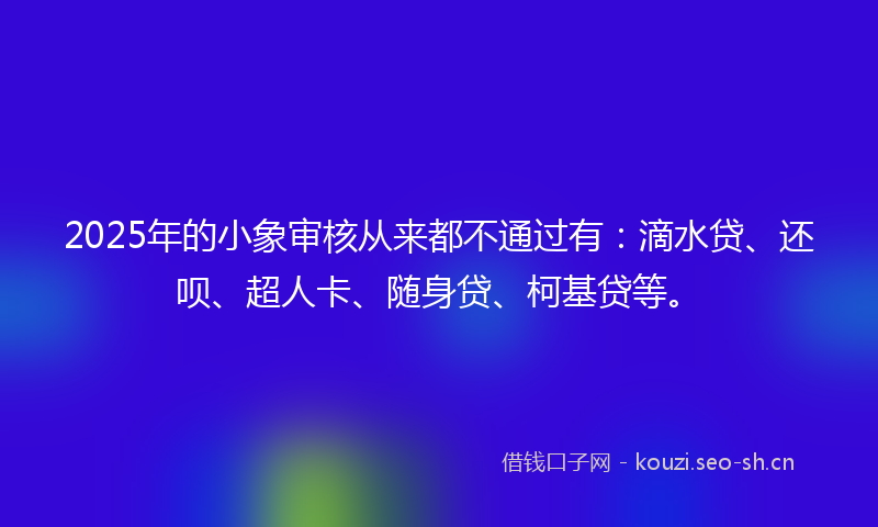 2025年的小象审核从来都不通过有：滴水贷、还呗、超人卡、随身贷、柯基贷等。