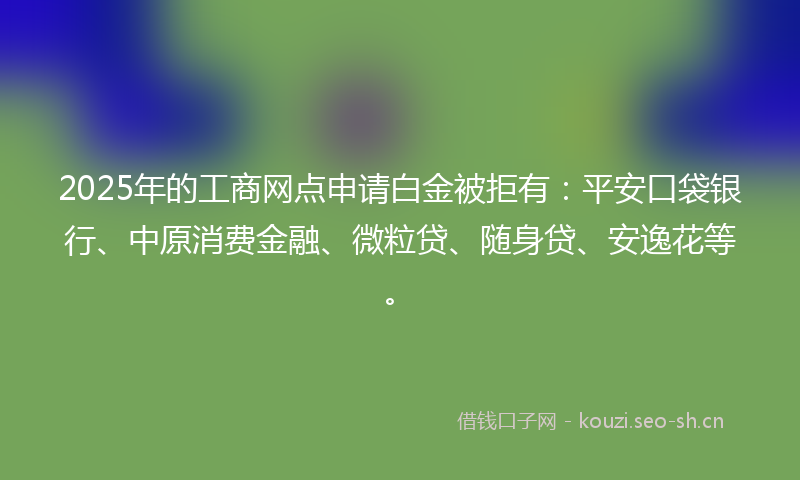 2025年的工商网点申请白金被拒有：平安口袋银行、中原消费金融、微粒贷、随身贷、安逸花等。
