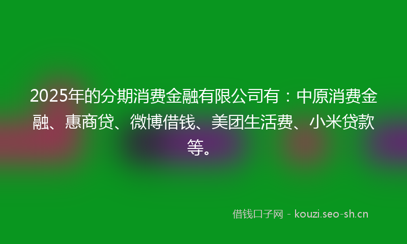 2025年的分期消费金融有限公司有：中原消费金融、惠商贷、微博借钱、美团生活费、小米贷款等。