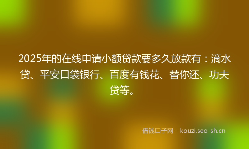 2025年的在线申请小额贷款要多久放款有：滴水贷、平安口袋银行、百度有钱花、替你还、功夫贷等。