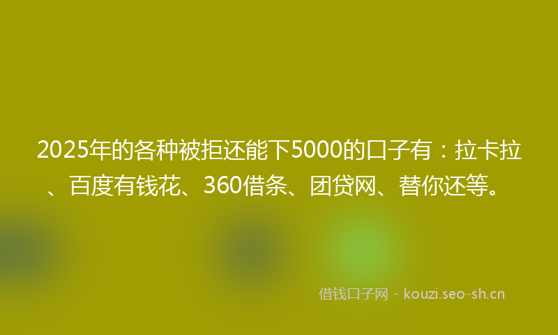 2025年的各种被拒还能下5000的口子有：拉卡拉、百度有钱花、360借条、团贷网、替你还等。