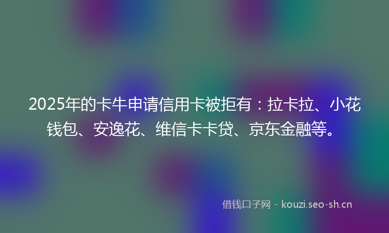 2025年的卡牛申请信用卡被拒有：拉卡拉、小花钱包、安逸花、维信卡卡贷、京东金融等。