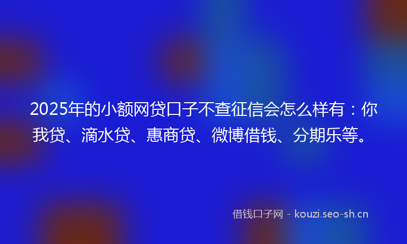 2025年的小额网贷口子不查征信会怎么样有：你我贷、滴水贷、惠商贷、微博借钱、分期乐等。