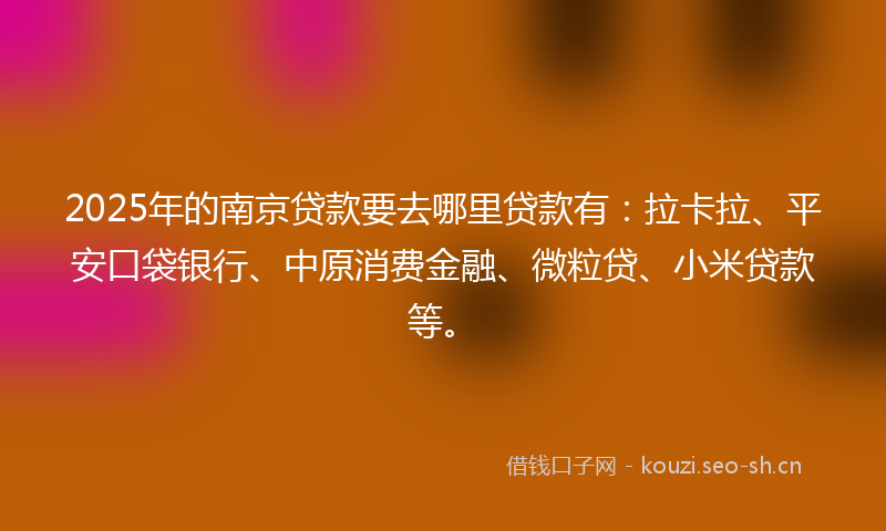 2025年的南京贷款要去哪里贷款有：拉卡拉、平安口袋银行、中原消费金融、微粒贷、小米贷款等。