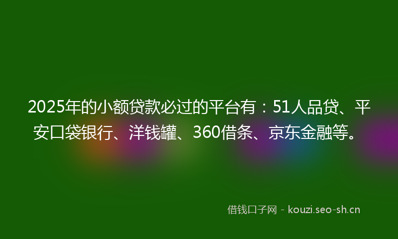 2025年的小额贷款必过的平台有：51人品贷、平安口袋银行、洋钱罐、360借条、京东金融等。