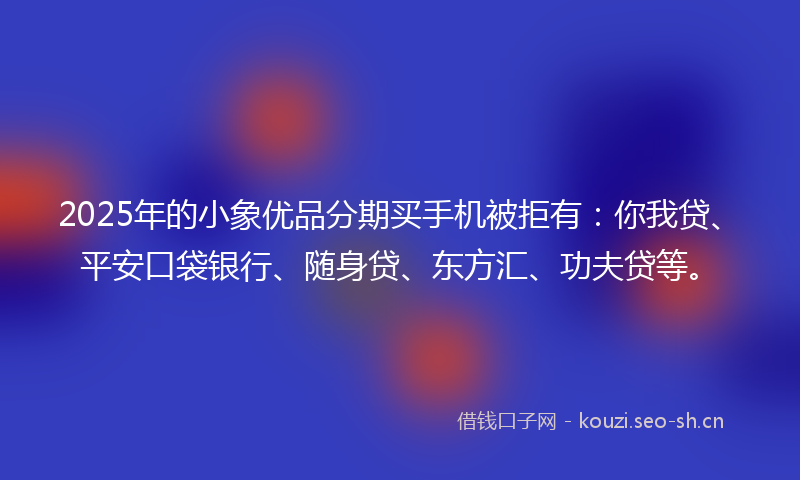 2025年的小象优品分期买手机被拒有:你我贷、平安口袋银行、随身贷、东方汇、功夫贷等。