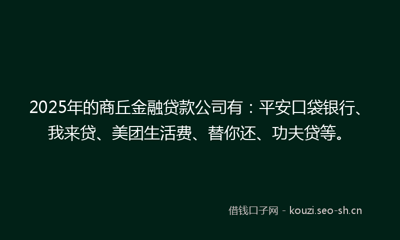 2025年的商丘金融贷款公司有：平安口袋银行、我来贷、美团生活费、替你还、功夫贷等。