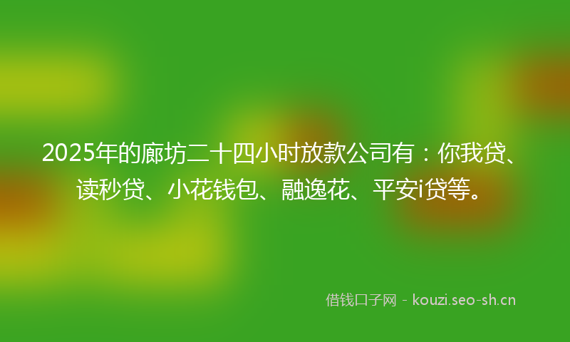 2025年的廊坊二十四小时放款公司有：你我贷、读秒贷、小花钱包、融逸花、平安i贷等。