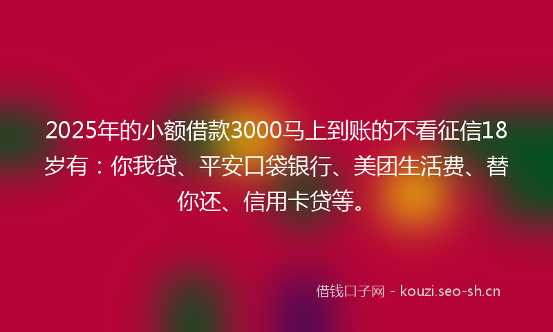 2025年的小额借款3000马上到账的不看征信18岁有:你我贷、平安口袋银行、美团生活费、替你还、信用卡贷等。