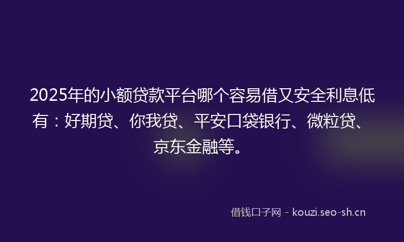 2025年的小额贷款平台哪个容易借又安全利息低有：好期贷、你我贷、平安口袋银行、微粒贷、京东金融等。