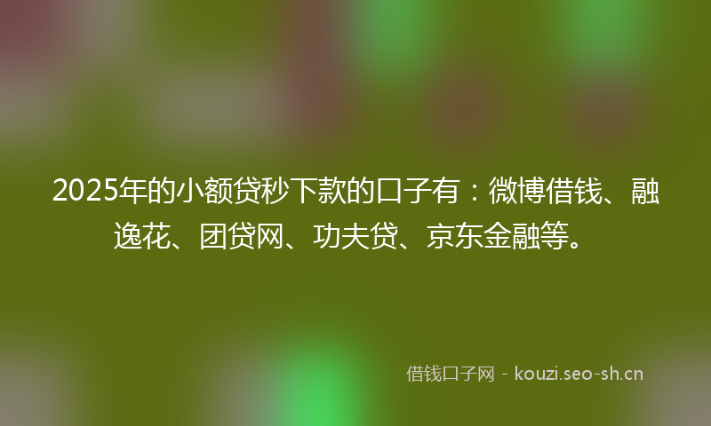 2025年的小额贷秒下款的口子有：微博借钱、融逸花、团贷网、功夫贷、京东金融等。