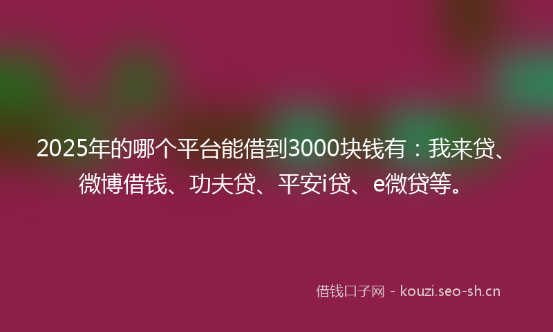 2025年的哪个平台能借到3000块钱有:我来贷、微博借钱、功夫贷、平安i贷、e微贷等。