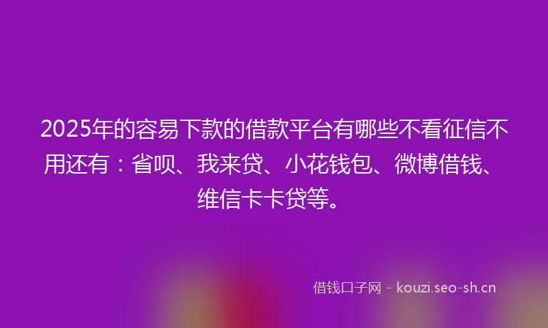 2025年的容易下款的借款平台有哪些不看征信不用还有：省呗、我来贷、小花钱包、微博借钱、维信卡卡贷等。