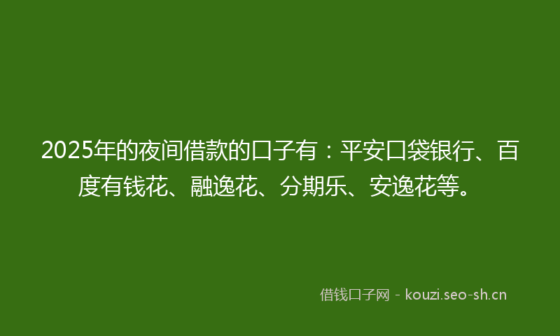 2025年的夜间借款的口子有：平安口袋银行、百度有钱花、融逸花、分期乐、安逸花等。