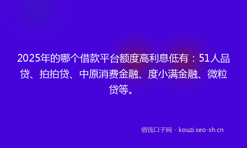 2025年的哪个借款平台额度高利息低有：51人品贷、拍拍贷、中原消费金融、度小满金融、微粒贷等。