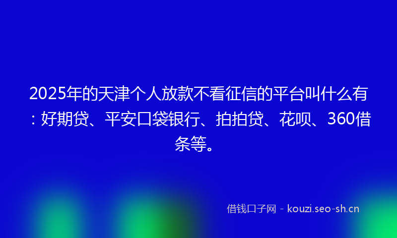 2025年的天津个人放款不看征信的平台叫什么有：好期贷、平安口袋银行、拍拍贷、花呗、360借条等。