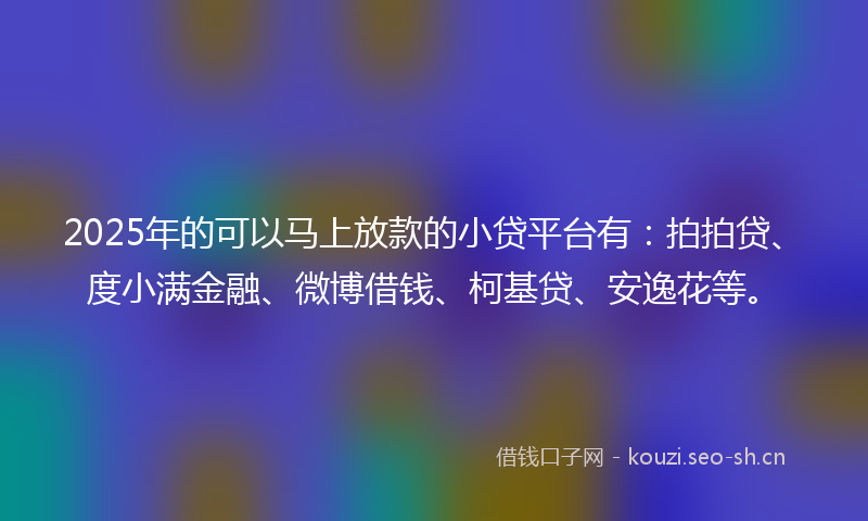 2025年的可以马上放款的小贷平台有：拍拍贷、度小满金融、微博借钱、柯基贷、安逸花等。