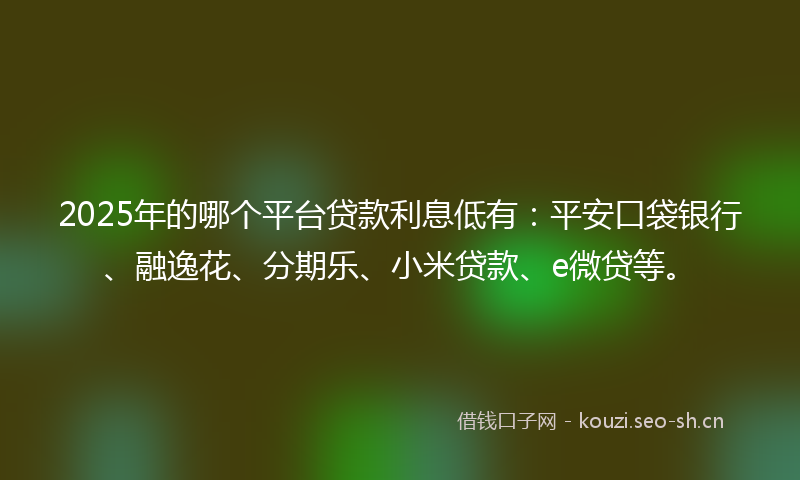 2025年的哪个平台贷款利息低有：平安口袋银行、融逸花、分期乐、小米贷款、e微贷等。