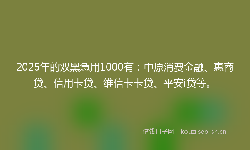 2025年的双黑急用1000有：中原消费金融、惠商贷、信用卡贷、维信卡卡贷、平安i贷等。