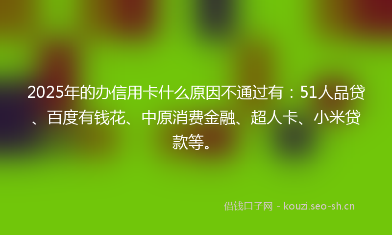 2025年的办信用卡什么原因不通过有：51人品贷、百度有钱花、中原消费金融、超人卡、小米贷款等。