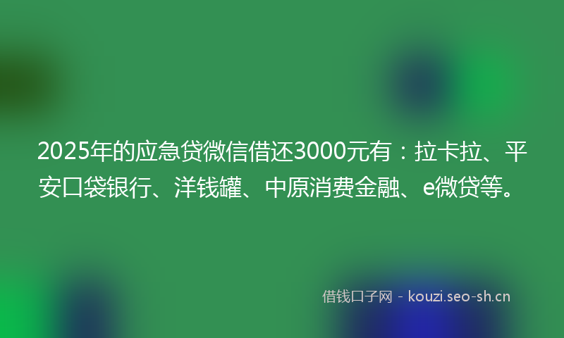 2025年的应急贷微信借还3000元有：拉卡拉、平安口袋银行、洋钱罐、中原消费金融、e微贷等。