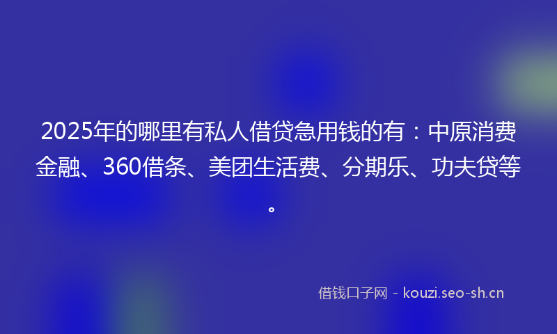 2025年的哪里有私人借贷急用钱的有：中原消费金融、360借条、美团生活费、分期乐、功夫贷等。