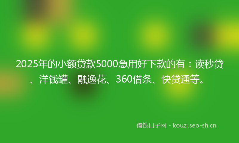 2025年的小额贷款5000急用好下款的有：读秒贷、洋钱罐、融逸花、360借条、快贷通等。