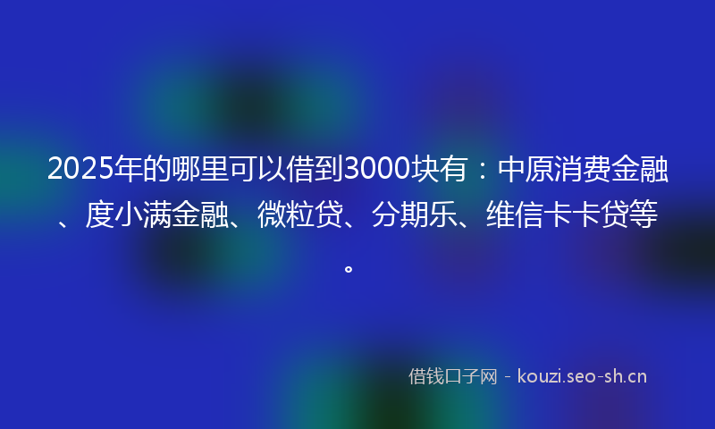 2025年的哪里可以借到3000块有:中原消费金融、度小满金融、微粒贷、分期乐、维信卡卡贷等。