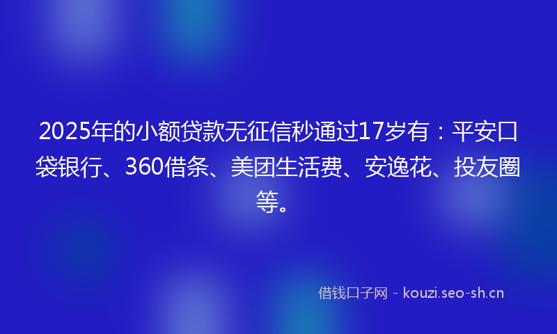 2025年的小额贷款无征信秒通过17岁有：平安口袋银行、360借条、美团生活费、安逸花、投友圈等。