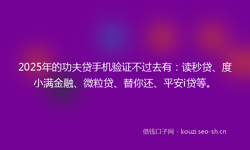 2025年的功夫贷手机验证不过去有:读秒贷、度小满金融、微粒贷、替你还、平安i贷等。
