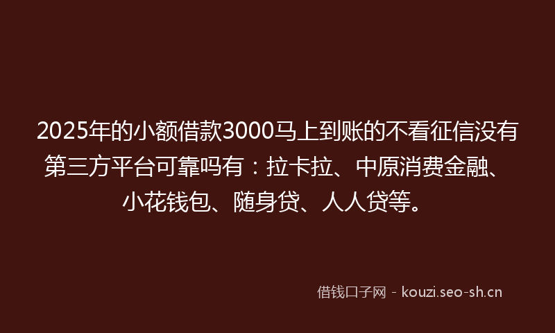2025年的小额借款3000马上到账的不看征信没有第三方平台可靠吗有：拉卡拉、中原消费金融、小花钱包、随身贷、人人贷等。
