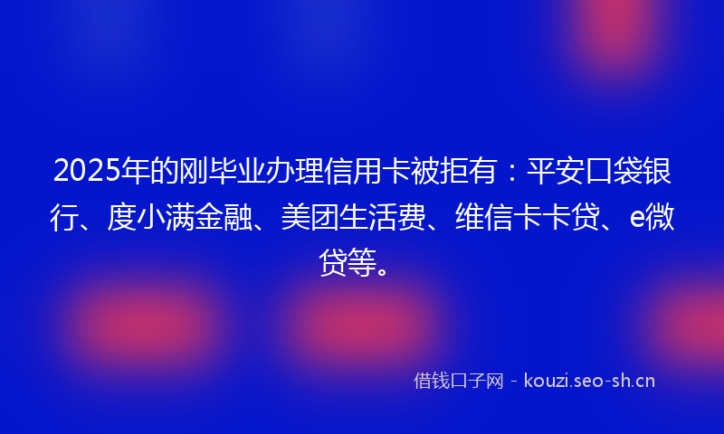 2025年的刚毕业办理信用卡被拒有：平安口袋银行、度小满金融、美团生活费、维信卡卡贷、e微贷等。
