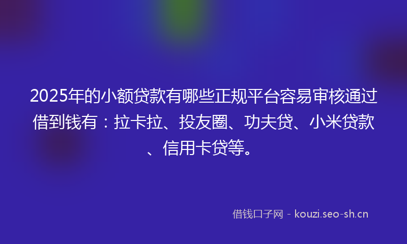 2025年的小额贷款有哪些正规平台容易审核通过借到钱有：拉卡拉、投友圈、功夫贷、小米贷款、信用卡贷等。