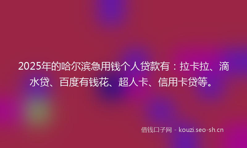 2025年的哈尔滨急用钱个人贷款有:拉卡拉、滴水贷、百度有钱花、超人卡、信用卡贷等。