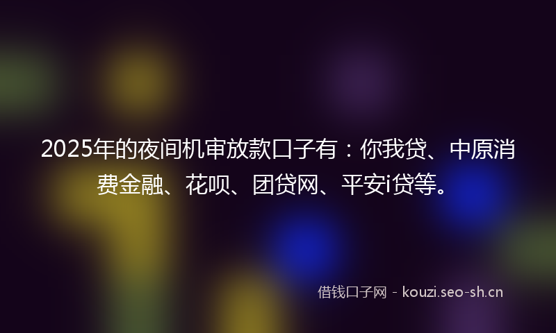 2025年的夜间机审放款口子有：你我贷、中原消费金融、花呗、团贷网、平安i贷等。