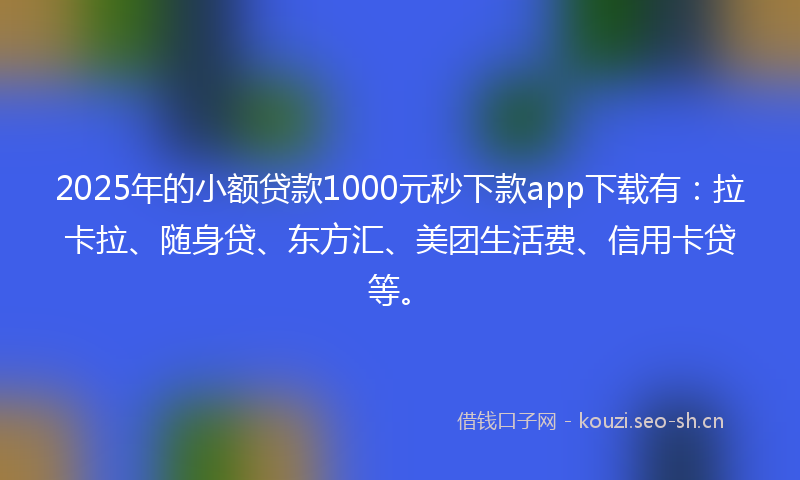 2025年的小额贷款1000元秒下款app下载有：拉卡拉、随身贷、东方汇、美团生活费、信用卡贷等。