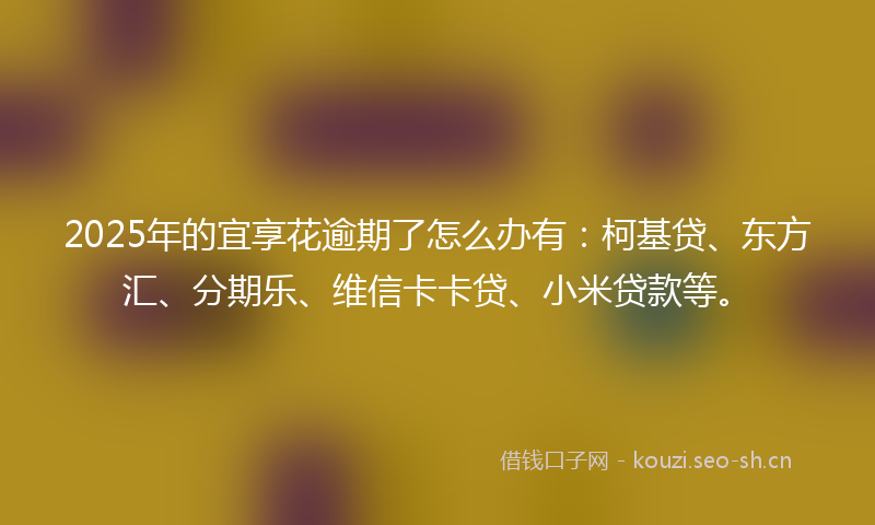 2025年的宜享花逾期了怎么办有：柯基贷、东方汇、分期乐、维信卡卡贷、小米贷款等。