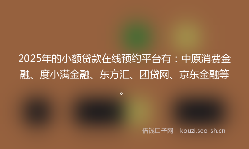 2025年的小额贷款在线预约平台有：中原消费金融、度小满金融、东方汇、团贷网、京东金融等。