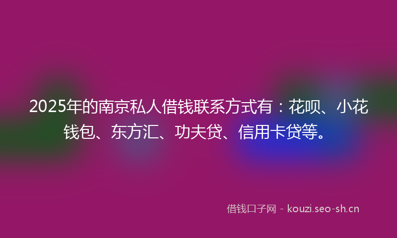 2025年的南京私人借钱联系方式有：花呗、小花钱包、东方汇、功夫贷、信用卡贷等。