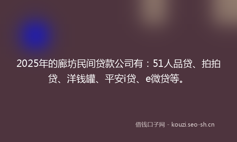 2025年的廊坊民间贷款公司有：51人品贷、拍拍贷、洋钱罐、平安i贷、e微贷等。
