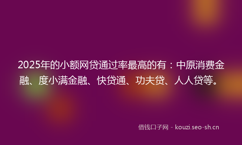 2025年的小额网贷通过率最高的有：中原消费金融、度小满金融、快贷通、功夫贷、人人贷等。